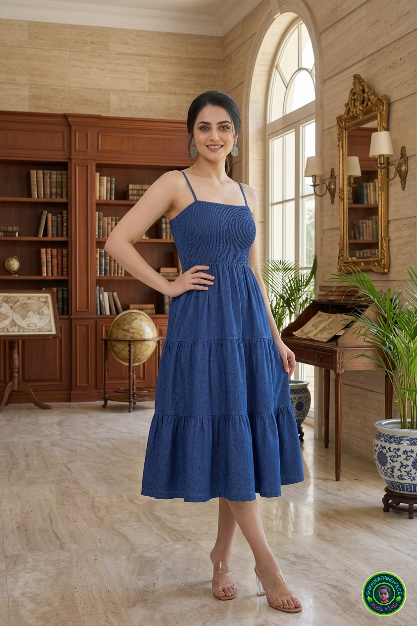 Luxury Navy Blue Denim Tiered Midi Dress – Premium Indo-Western Design with Smocked Bodice & Adjustable Straps