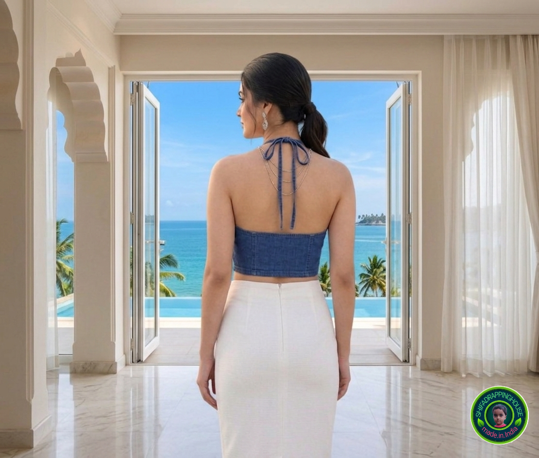 Indo-Western Navy Blue Denim Halter Blouse | Backless Luxury | Prince Cut Padded Comfort