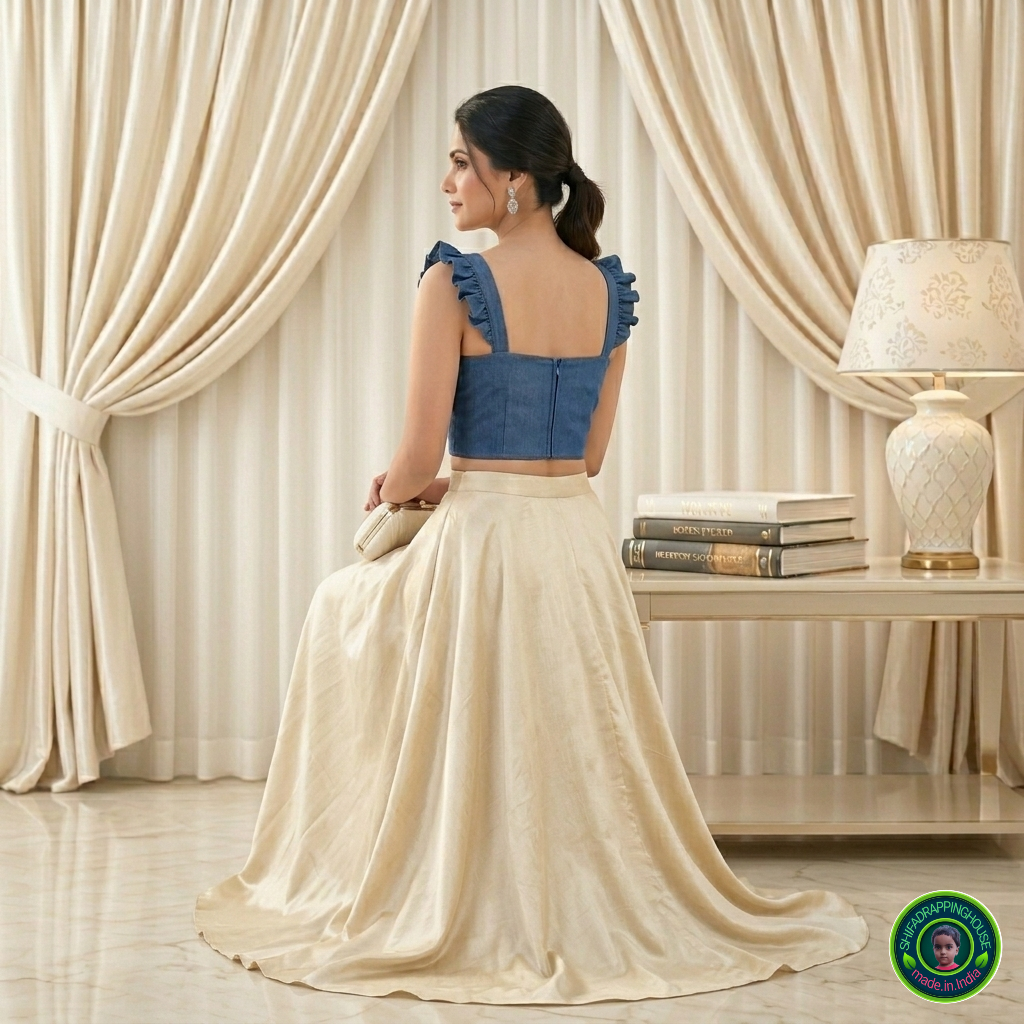 Royal Navy Blue Denim Ruffle Blouse | Pan-Neck Prince Cut Design | Premium Indo-Western Summer Collection