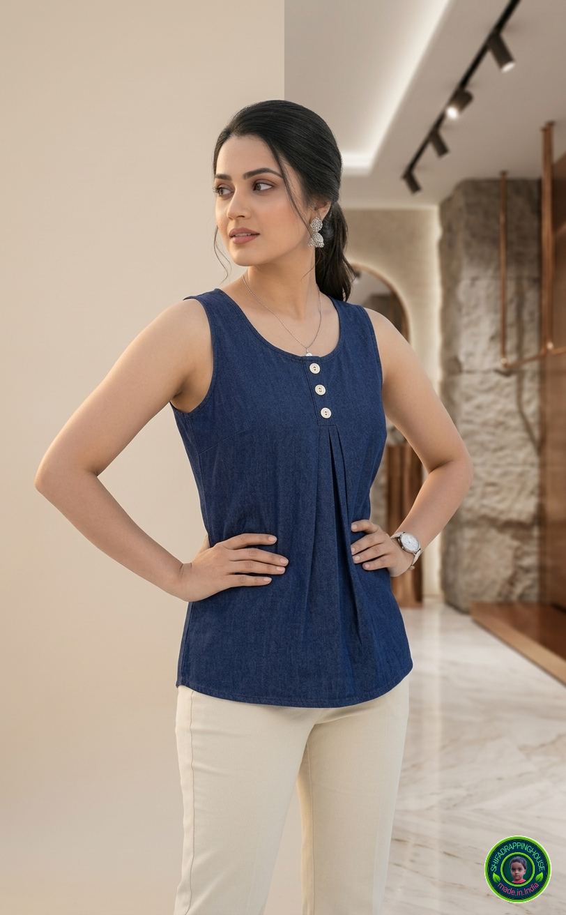 Premium Navy Blue Sleeveless Denim Top – Luxury Indo-Western Design with Box Pleat & Contrast Buttons