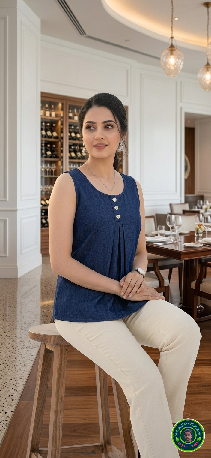 Premium Navy Blue Sleeveless Denim Top – Luxury Indo-Western Design with Box Pleat & Contrast Buttons