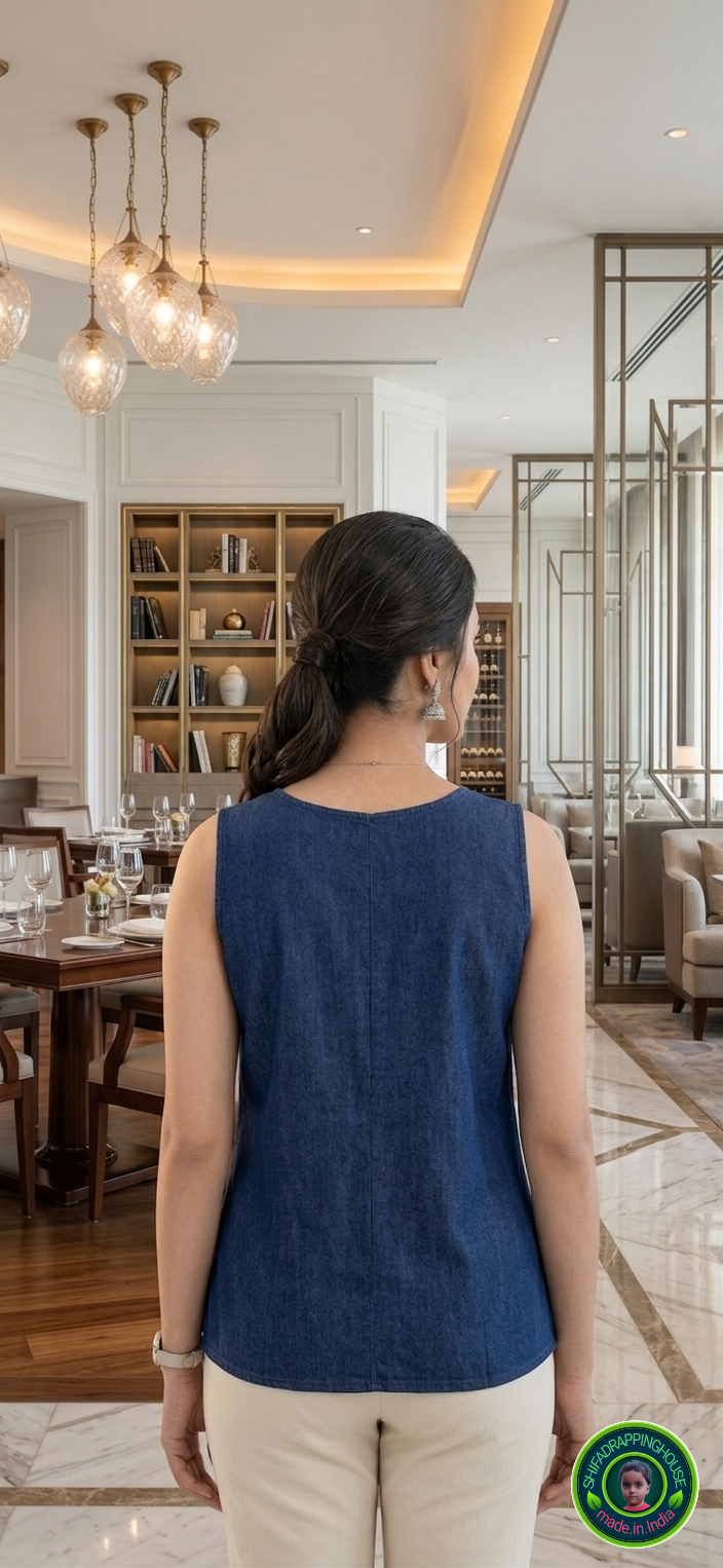 Premium Navy Blue Sleeveless Denim Top – Luxury Indo-Western Design with Box Pleat & Contrast Buttons