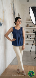 Premium Navy Blue Sleeveless Denim Top – Luxury Indo-Western Design with Box Pleat & Contrast Buttons