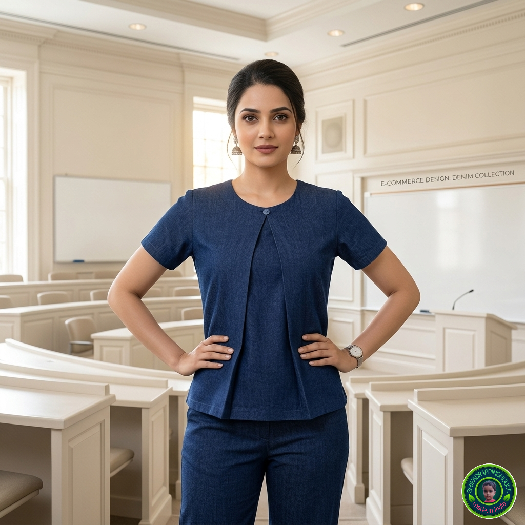 Executive Navy Blue Denim Box-Pleat Top – Premium Indo-Western Sober Design with Cap Sleeves