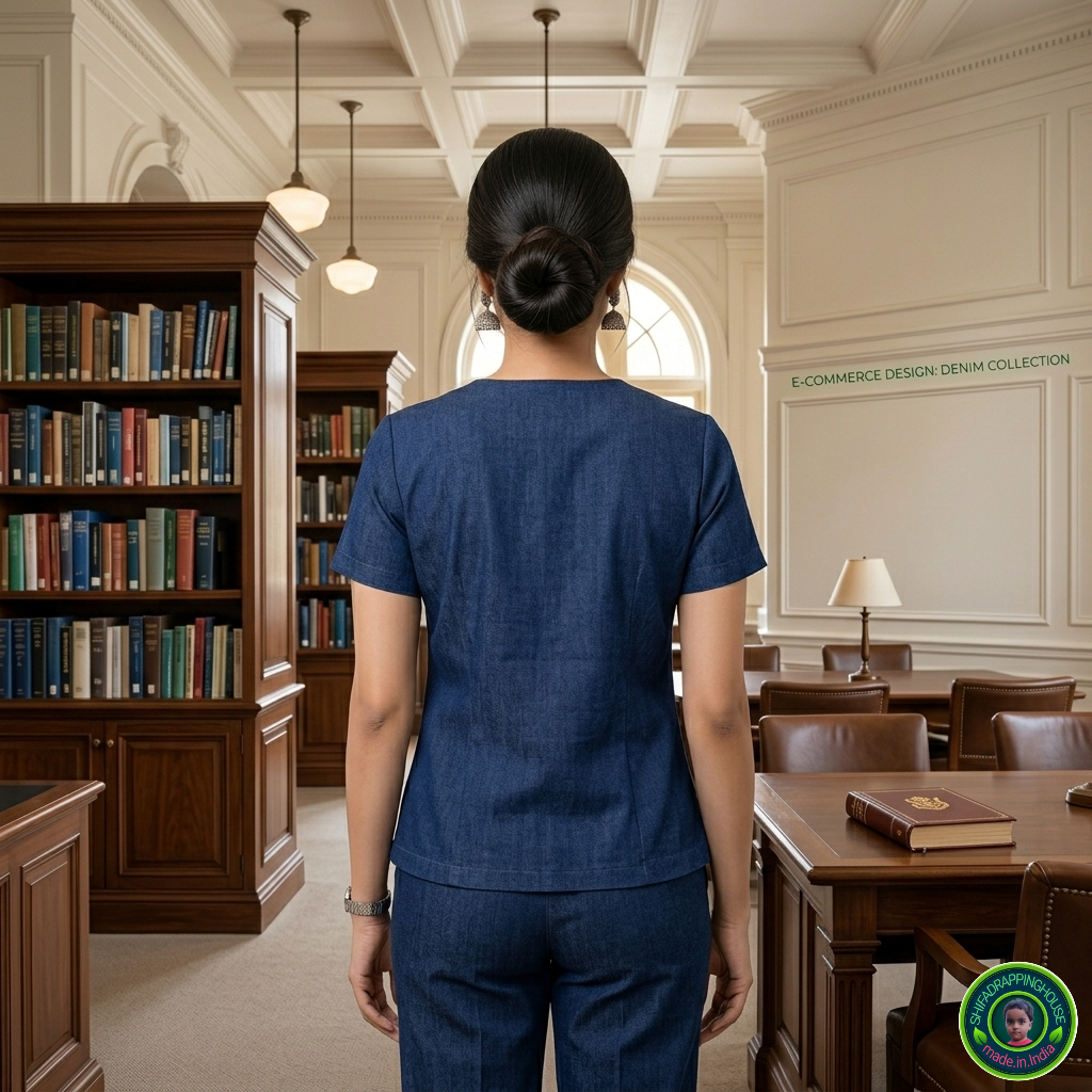 Executive Navy Blue Denim Box-Pleat Top – Premium Indo-Western Sober Design with Cap Sleeves