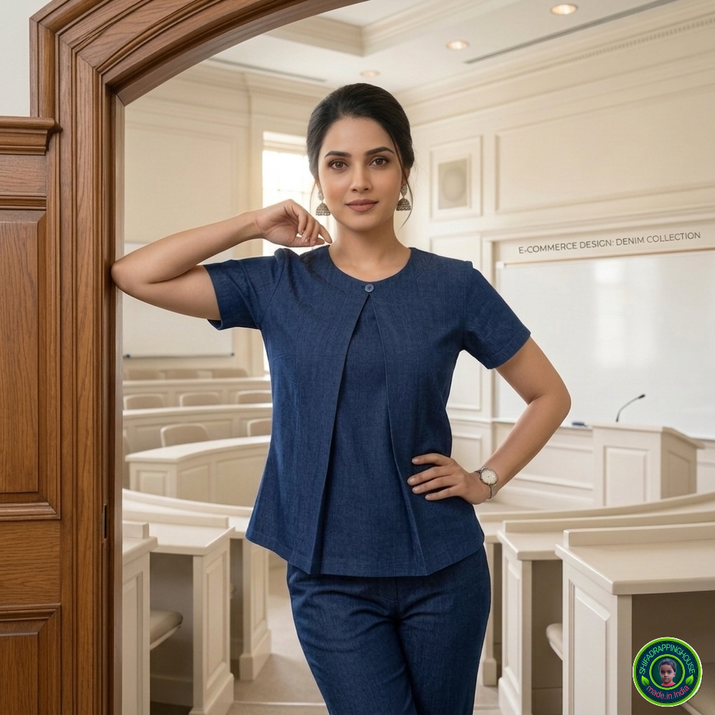 Executive Navy Blue Denim Box-Pleat Top – Premium Indo-Western Sober Design with Cap Sleeves