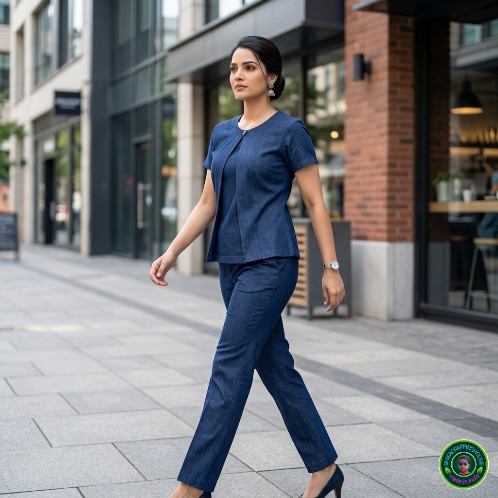 Executive Navy Blue Denim Box-Pleat Top – Premium Indo-Western Sober Design with Cap Sleeves