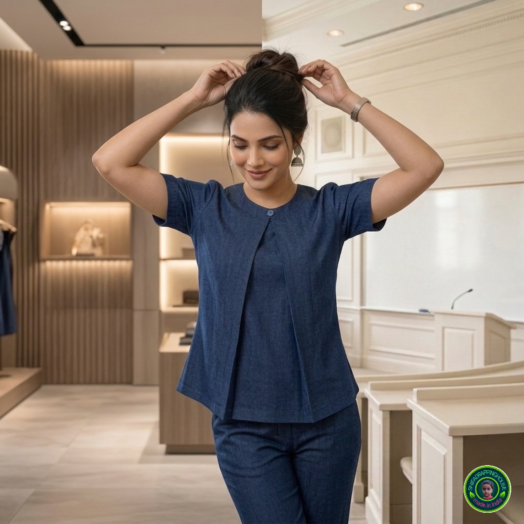 Executive Navy Blue Denim Box-Pleat Top – Premium Indo-Western Sober Design with Cap Sleeves