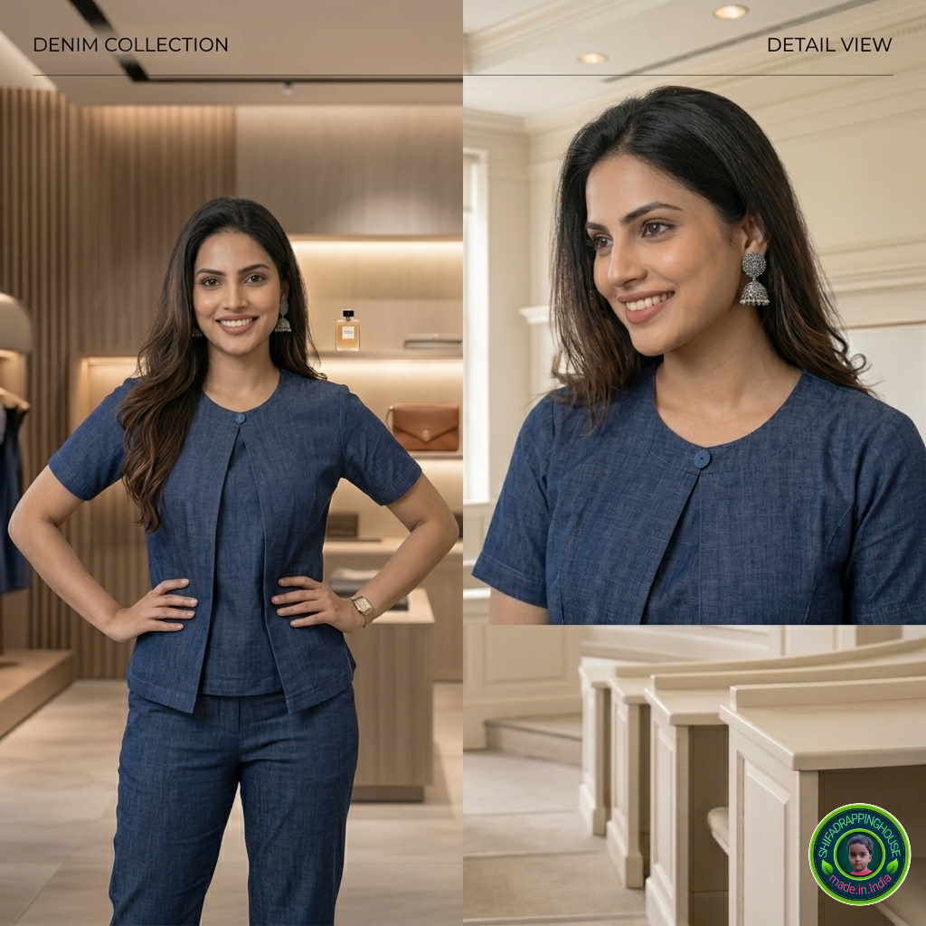 Executive Navy Blue Denim Box-Pleat Top – Premium Indo-Western Sober Design with Cap Sleeves