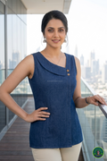Royal Indigo Denim Asymmetric Flop-Collar Top – Premium Sleeveless Indo-Western Top with Button Detail