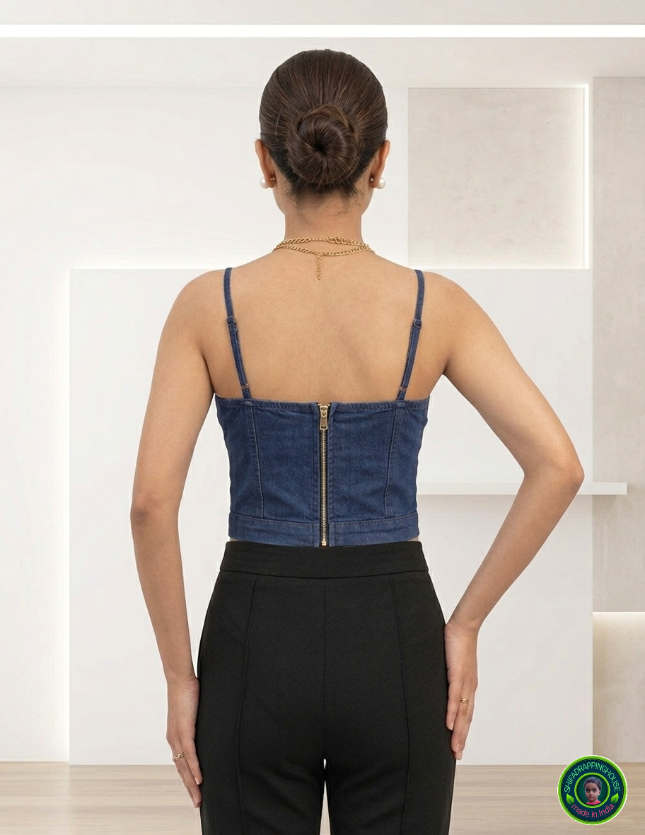 Luxury Navy Blue Smocked Denim Top – Indo-Western Silhouette with Metal Jacket Zip & Adjustable Straps