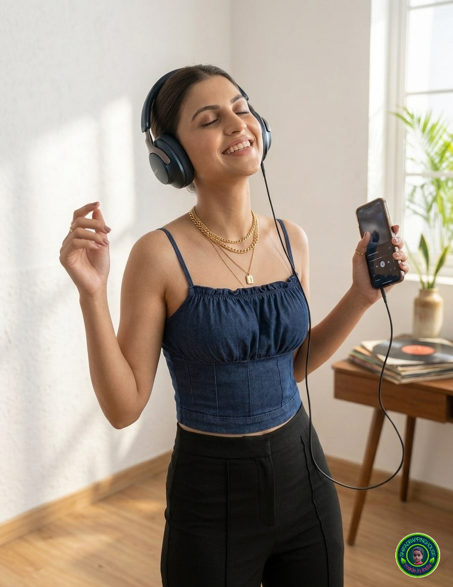 Luxury Navy Blue Smocked Denim Top – Indo-Western Silhouette with Metal Jacket Zip & Adjustable Straps
