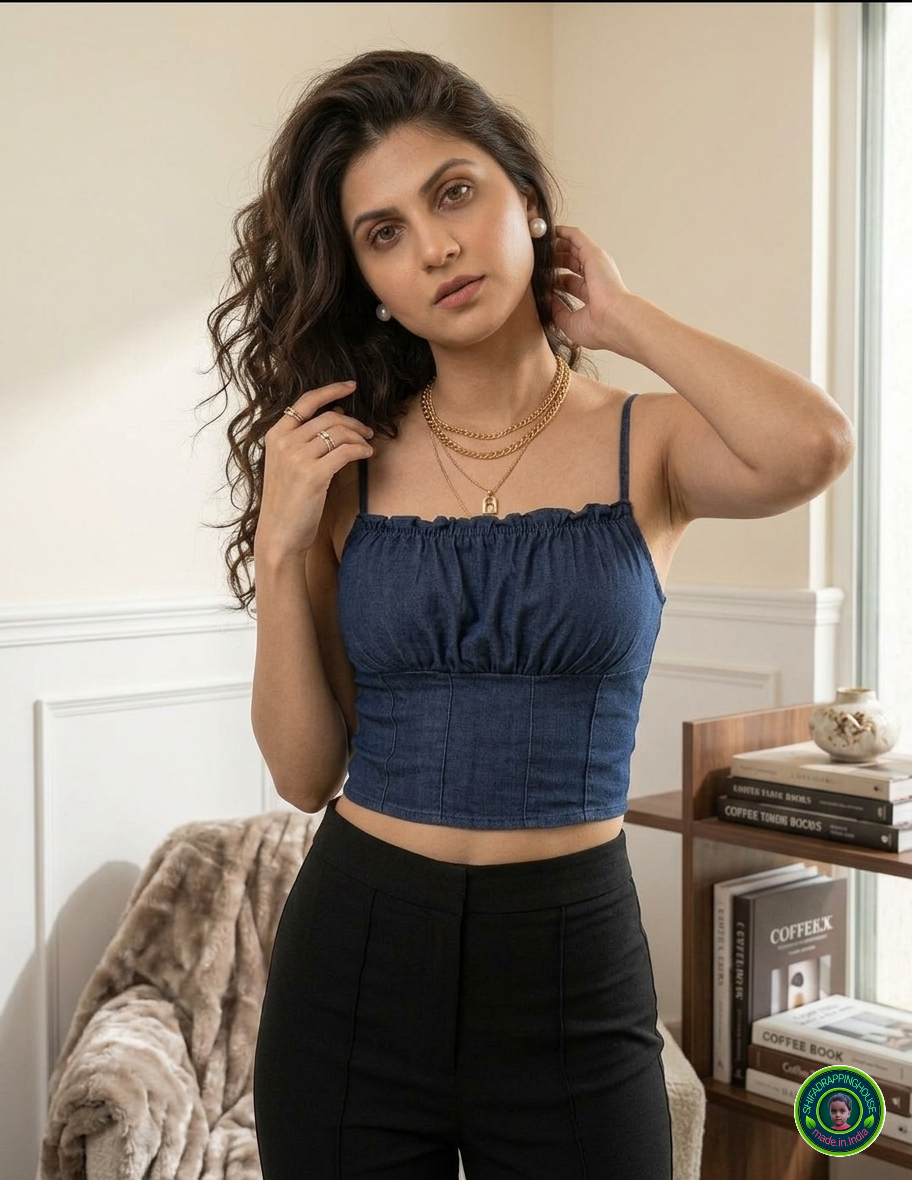 Luxury Navy Blue Smocked Denim Top – Indo-Western Silhouette with Metal Jacket Zip & Adjustable Straps