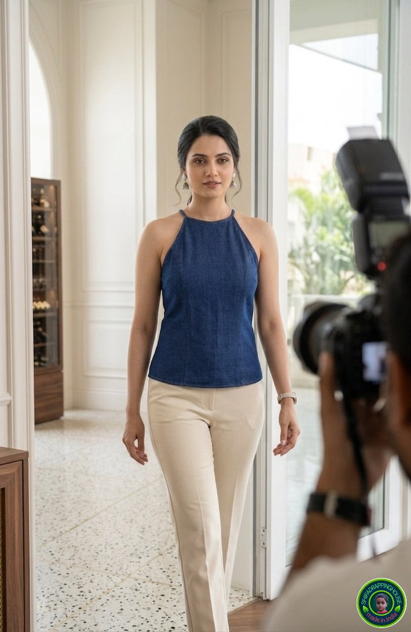 Chic Navy Denim Princes Cut Raglan Cami Top – Luxury Indo-Western Silhouette with Asymmetric Tie Straps