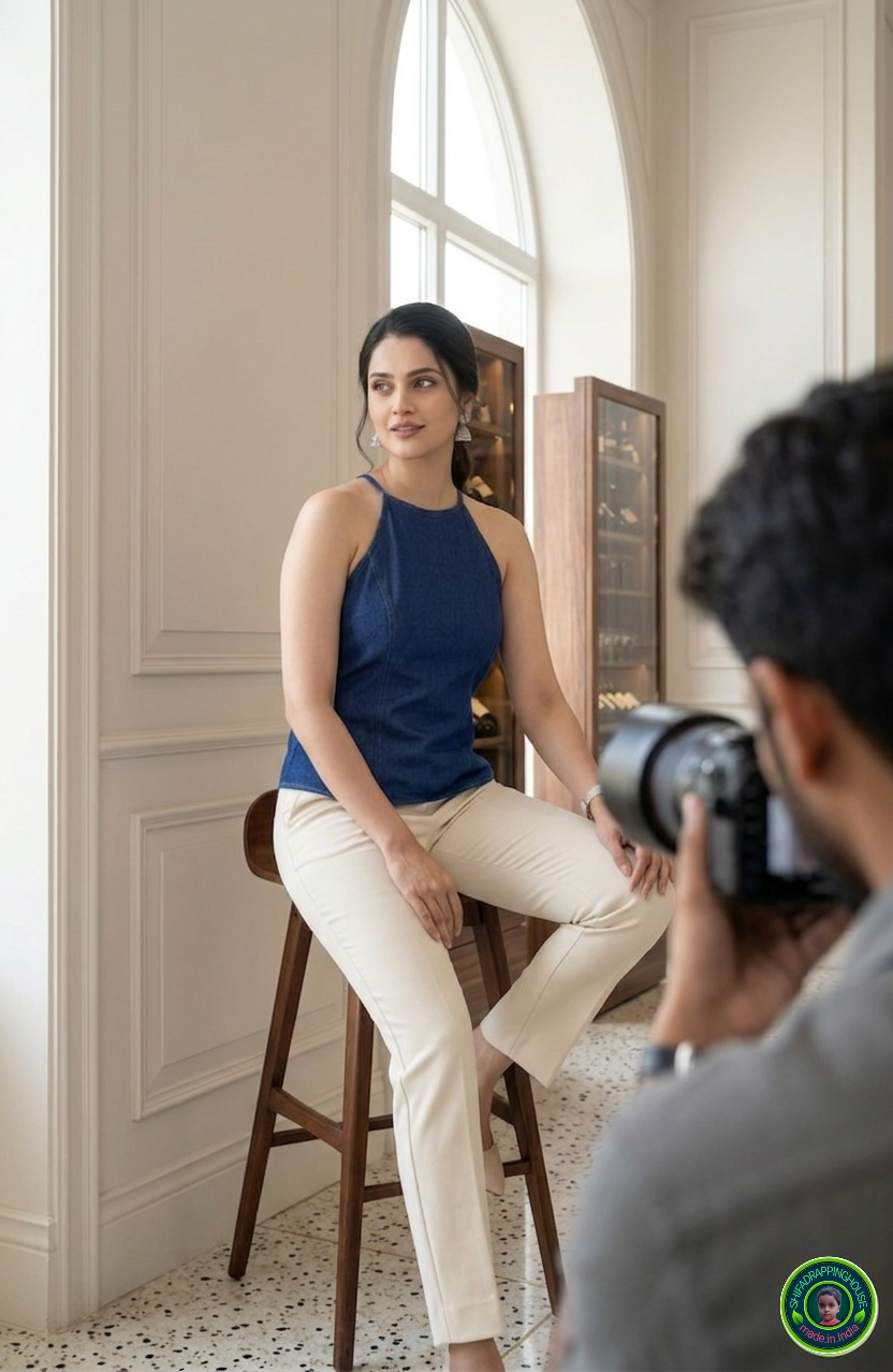 Chic Navy Denim Princes Cut Raglan Cami Top – Luxury Indo-Western Silhouette with Asymmetric Tie Straps