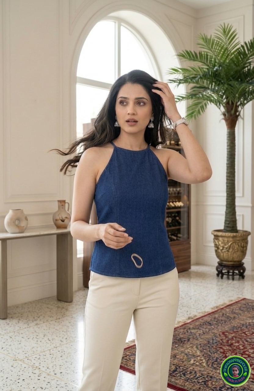 Chic Navy Denim Princes Cut Raglan Cami Top – Luxury Indo-Western Silhouette with Asymmetric Tie Straps