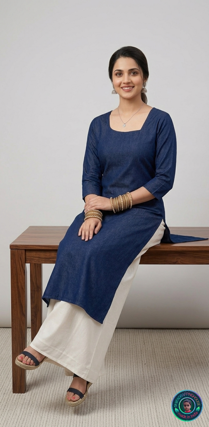 Premium Navy Denim Minimalist Kurti – Effortless Indo-Western Elegance