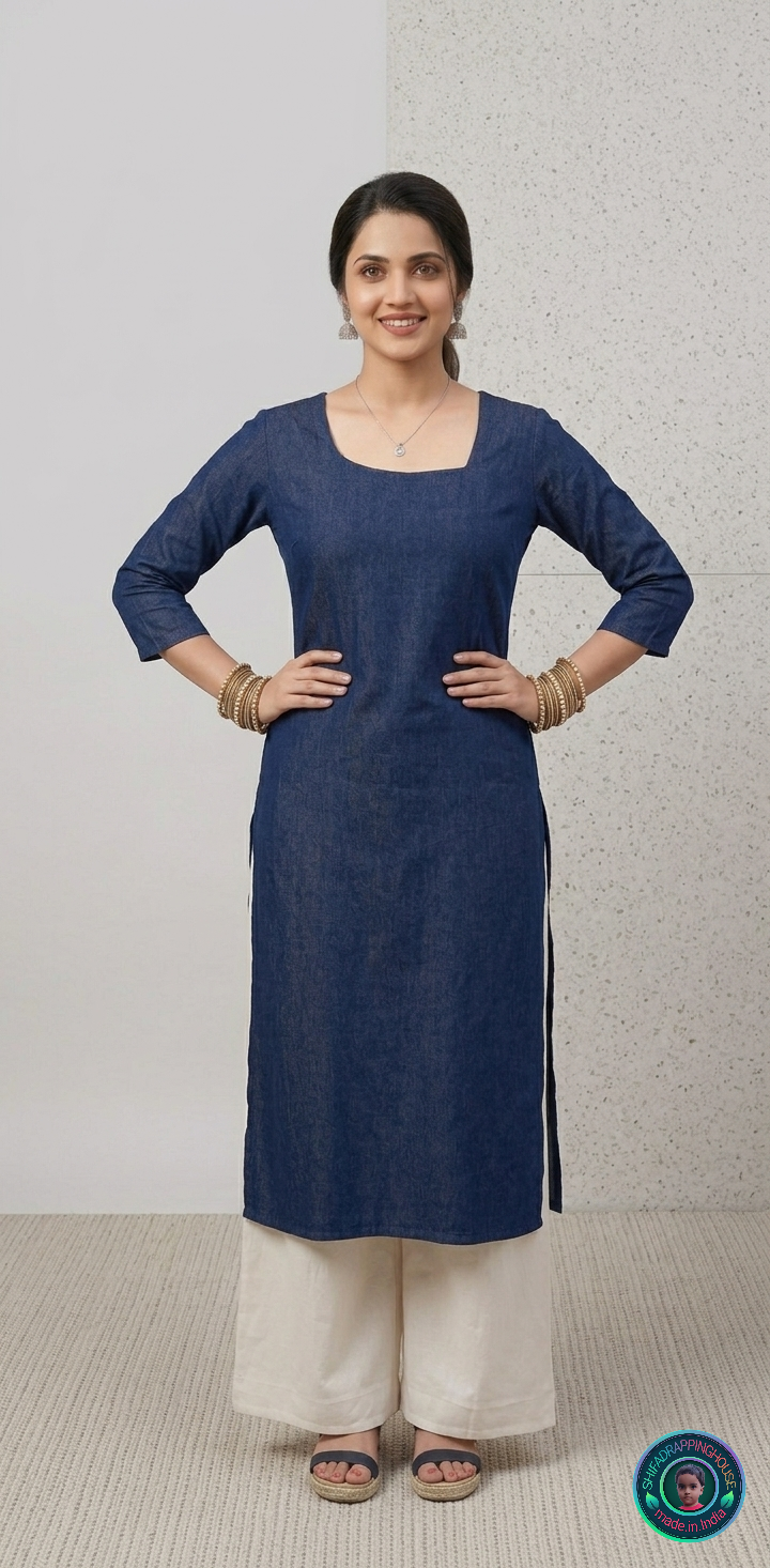 Premium Navy Denim Minimalist Kurti – Effortless Indo-Western Elegance