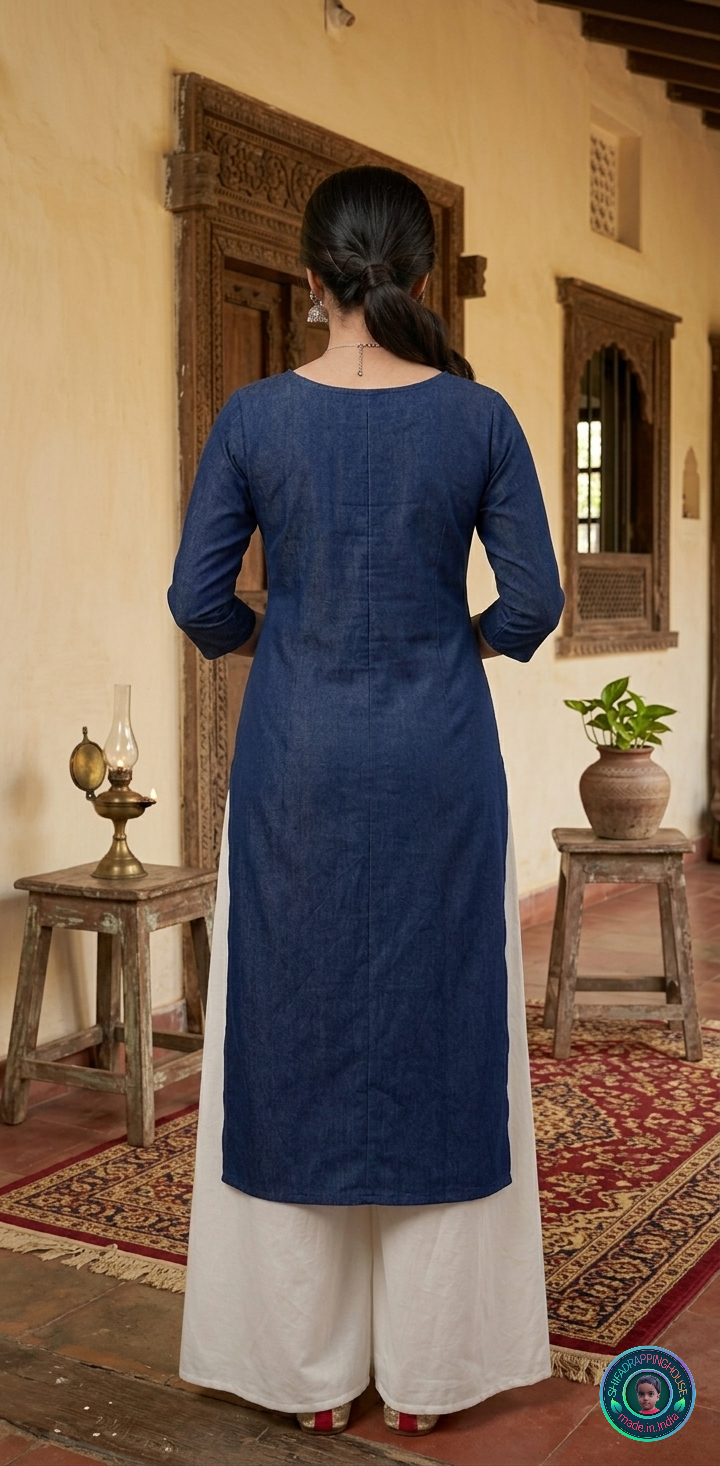 Premium Navy Denim Minimalist Kurti – Effortless Indo-Western Elegance