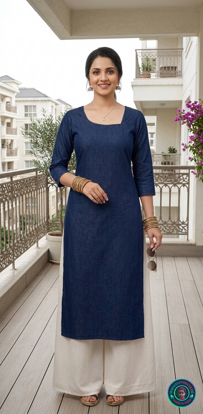 Premium Navy Denim Minimalist Kurti – Effortless Indo-Western Elegance