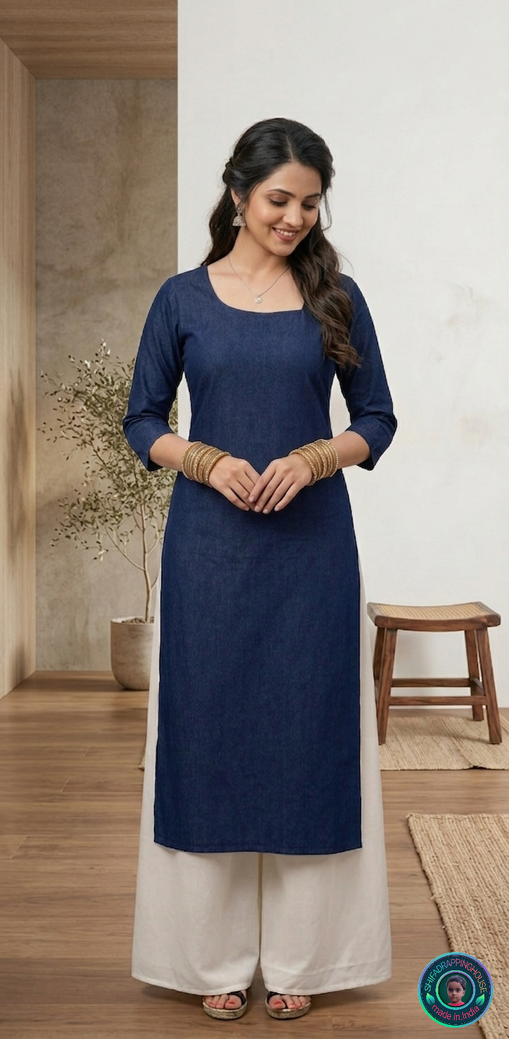 Premium Navy Denim Minimalist Kurti – Effortless Indo-Western Elegance