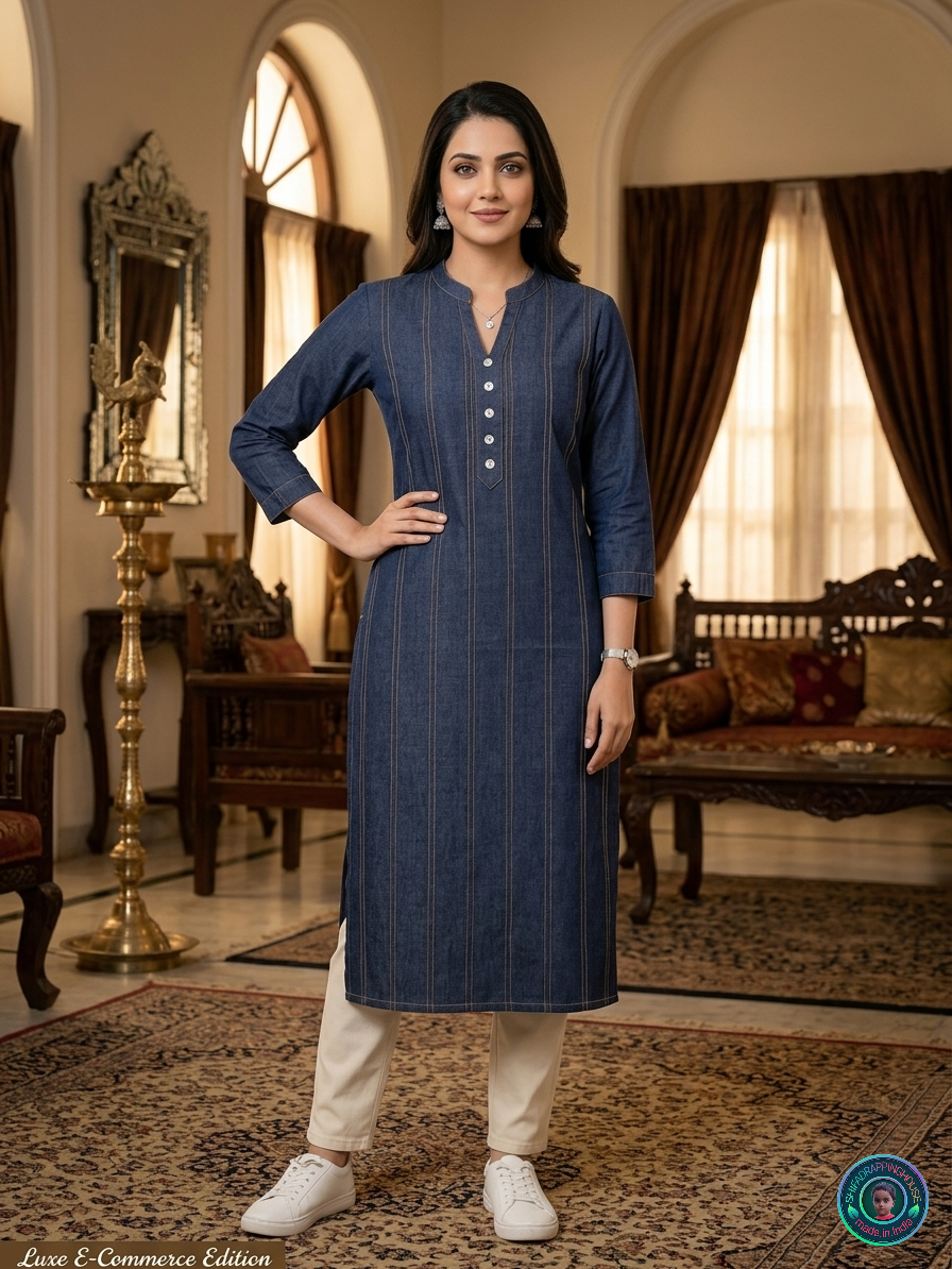 Women's Indigo. Denim Blue Kurti - Pintuck Style Stitching & Shell Button Details
