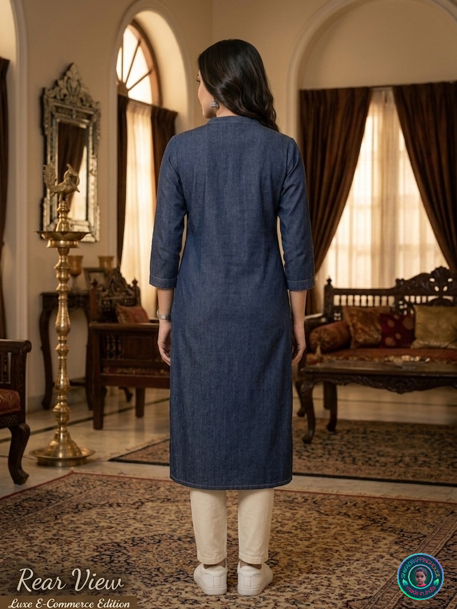 Women's Indigo. Denim Blue Kurti - Pintuck Style Stitching & Shell Button Details