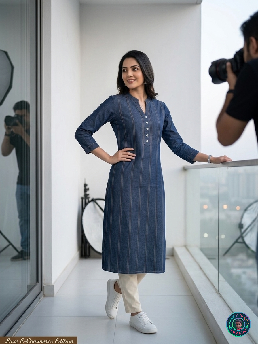 Women's Indigo. Denim Blue Kurti - Pintuck Style Stitching & Shell Button Details