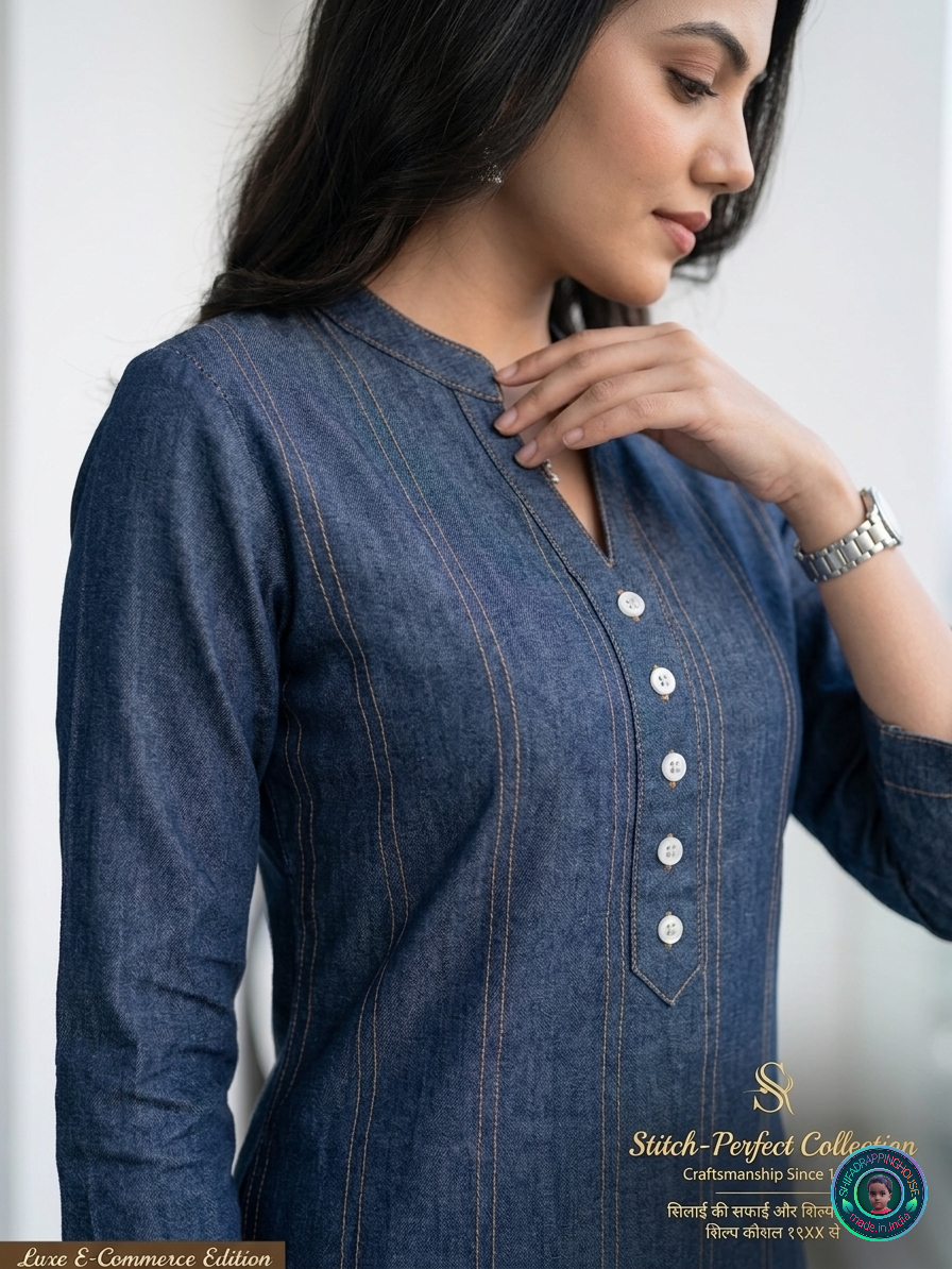 Women's Indigo. Denim Blue Kurti - Pintuck Style Stitching & Shell Button Details