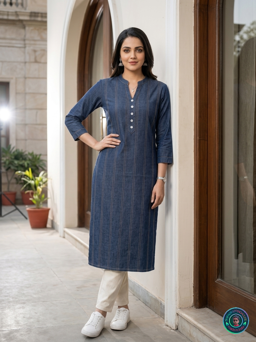 Women's Indigo. Denim Blue Kurti - Pintuck Style Stitching & Shell Button Details
