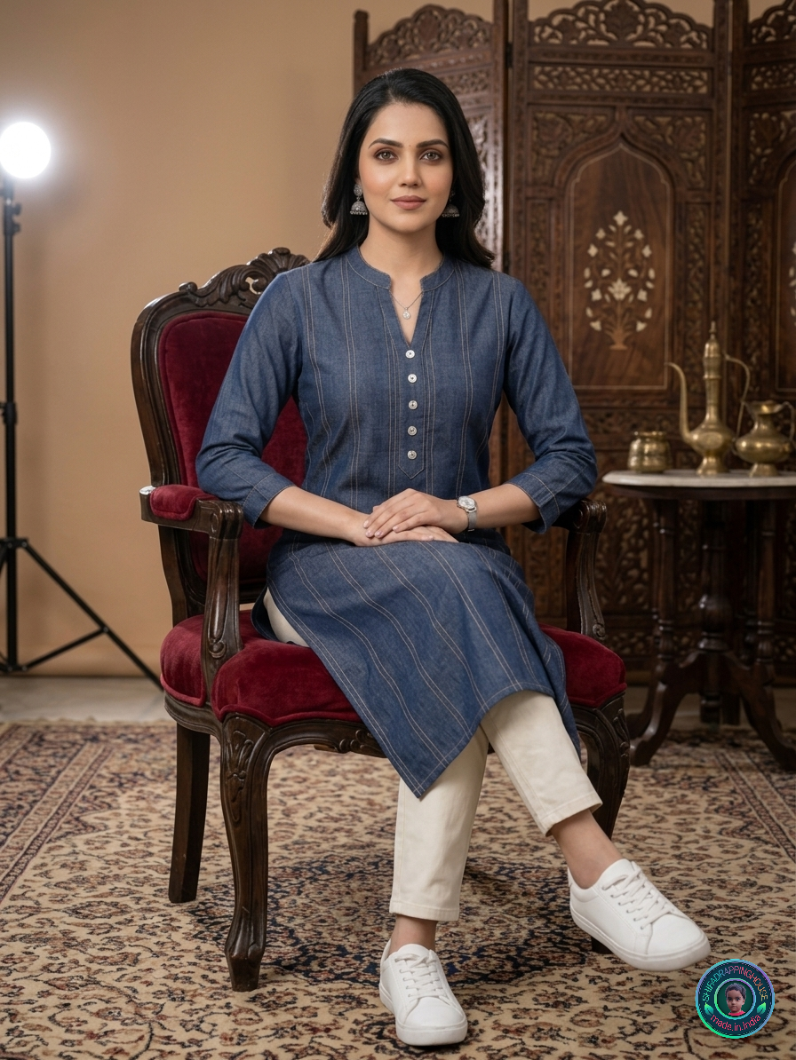 Women's Indigo. Denim Blue Kurti - Pintuck Style Stitching & Shell Button Details