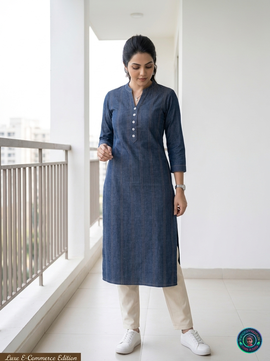Women's Indigo. Denim Blue Kurti - Pintuck Style Stitching & Shell Button Details