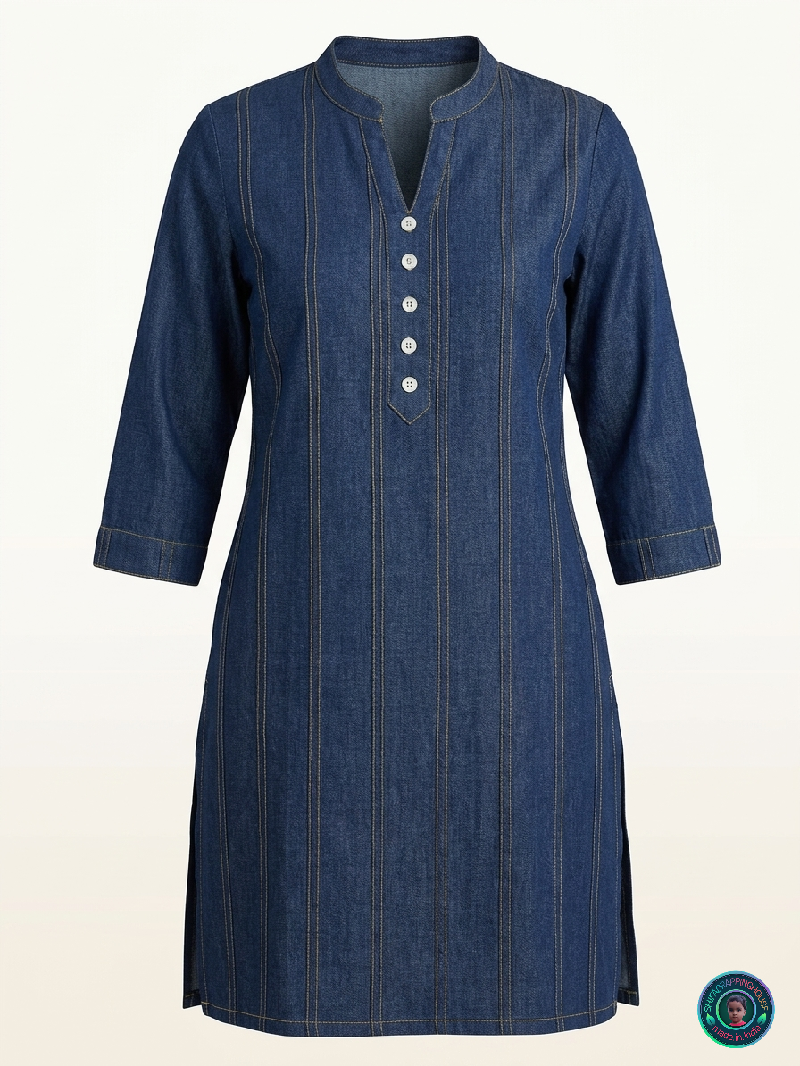Women's Indigo. Denim Blue Kurti - Pintuck Style Stitching & Shell Button Details