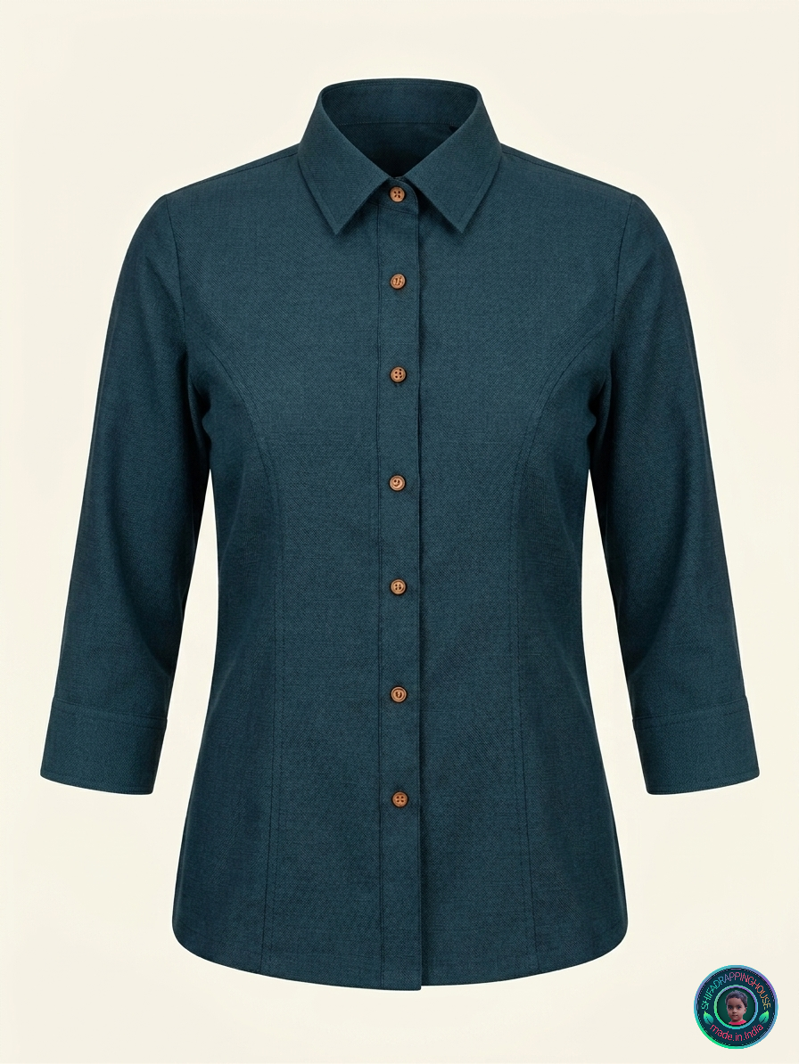 🌿 Deep Sea Teal Denim Shirt | Handcrafted Princess Cut & Wooden Button Luxury Edition