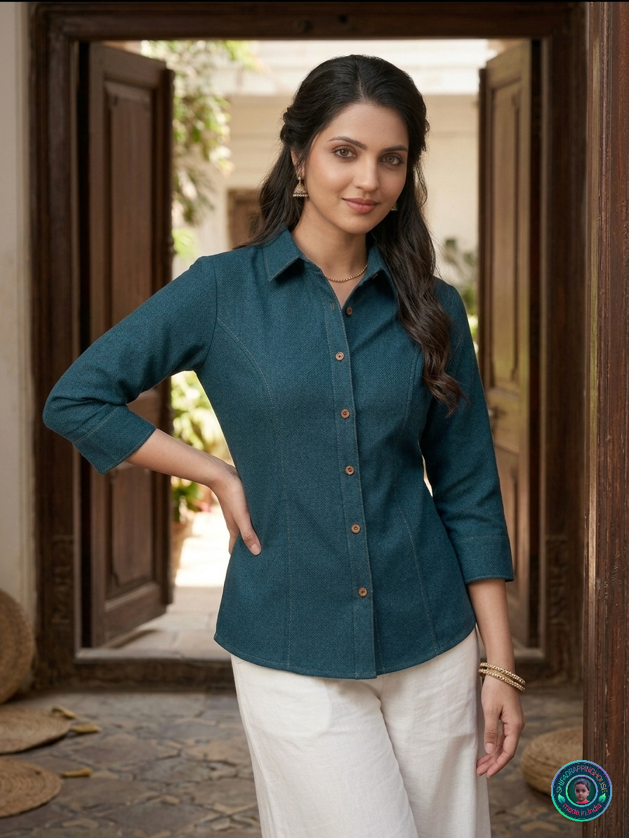 🌿 Deep Sea Teal Denim Shirt | Handcrafted Princess Cut & Wooden Button Luxury Edition