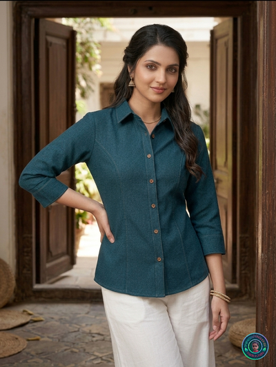 🌿 Deep Sea Teal Denim Shirt | Handcrafted Princess Cut & Wooden Button Luxury Edition