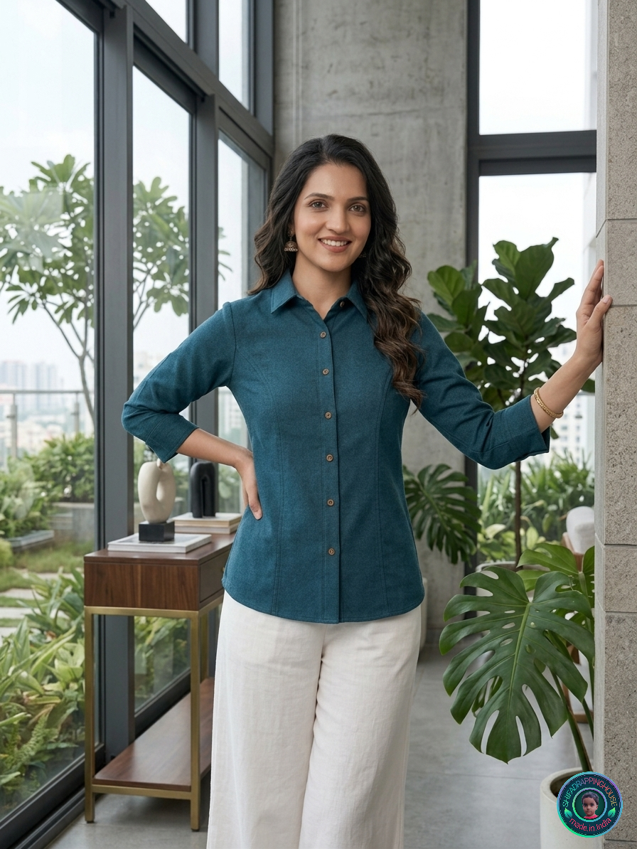 🌿 Deep Sea Teal Denim Shirt | Handcrafted Princess Cut & Wooden Button Luxury Edition