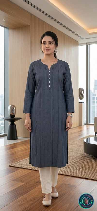 Elite Navy Denim Pintex Kurta | Handcrafted Flat-Lay Band Collar & Royal Textured Luxury Edition