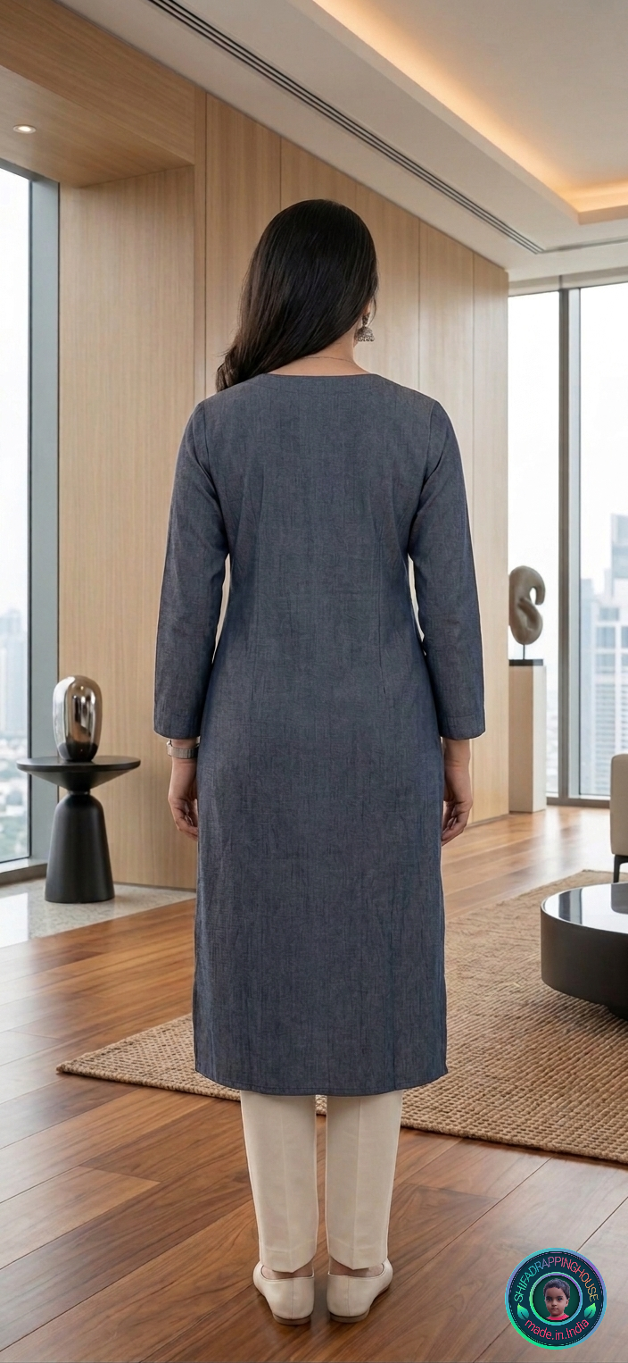 Elite Navy Denim Pintex Kurta | Handcrafted Flat-Lay Band Collar & Royal Textured Luxury Edition
