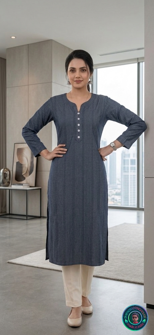 Elite Navy Denim Pintex Kurta | Handcrafted Flat-Lay Band Collar & Royal Textured Luxury Edition