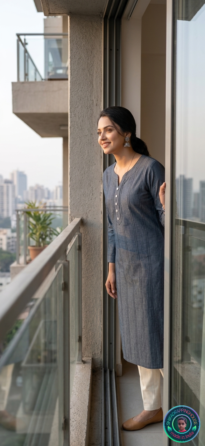 Elite Navy Denim Pintex Kurta | Handcrafted Flat-Lay Band Collar & Royal Textured Luxury Edition