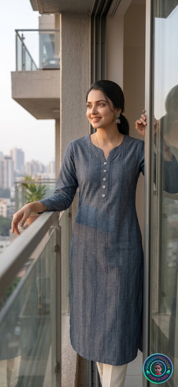 Elite Navy Denim Pintex Kurta | Handcrafted Flat-Lay Band Collar & Royal Textured Luxury Edition