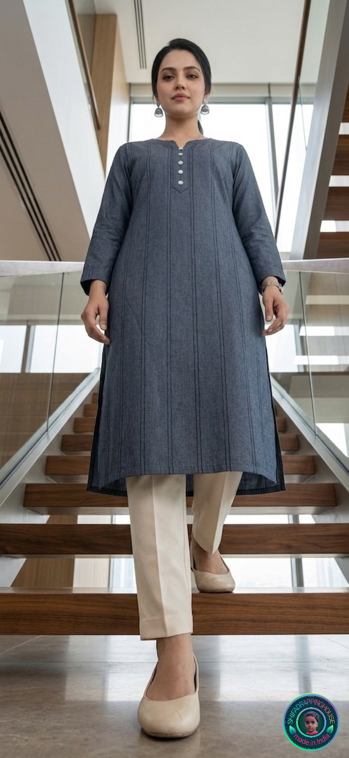 Elite Navy Denim Pintex Kurta | Handcrafted Flat-Lay Band Collar & Royal Textured Luxury Edition