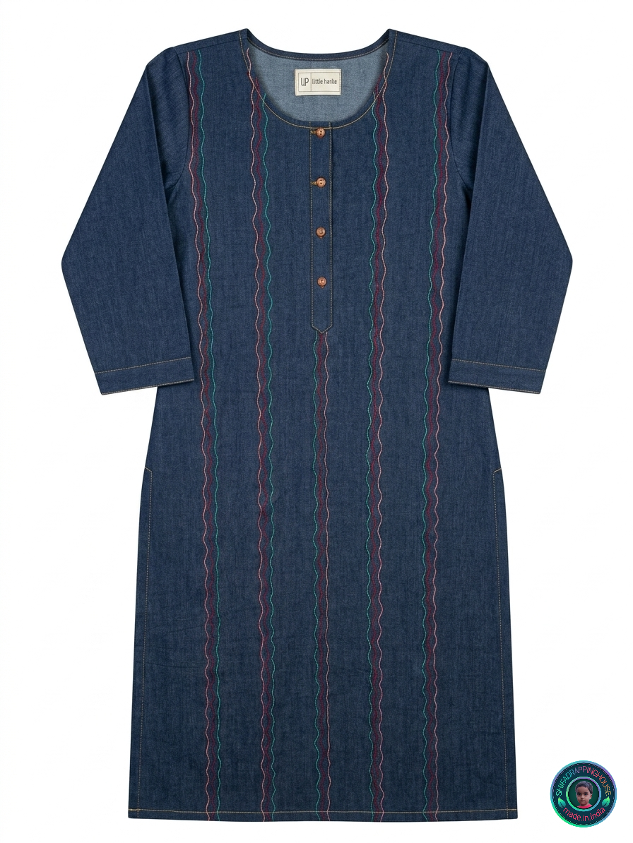 💎 Elite Navy Denim Zig-Zag Kurta | Handcrafted Tri-Color Anchoring & Wooden Detail Edition