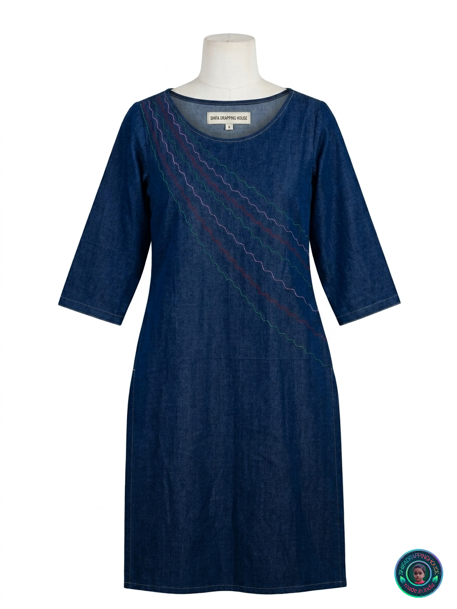 Elite Navy Denim 'Flow-Line' Kurta | Handcrafted Shoulder-to-Slit Zig-Zag Anchoring Edition