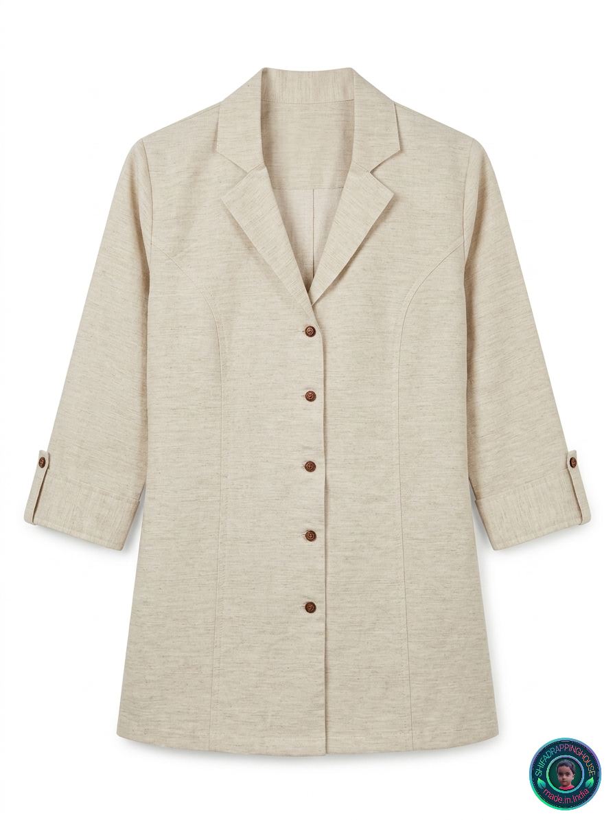 Signature Flex Denim Jacket-Style Top | Handcrafted Princess Cut & Wooden Button Luxury Edition