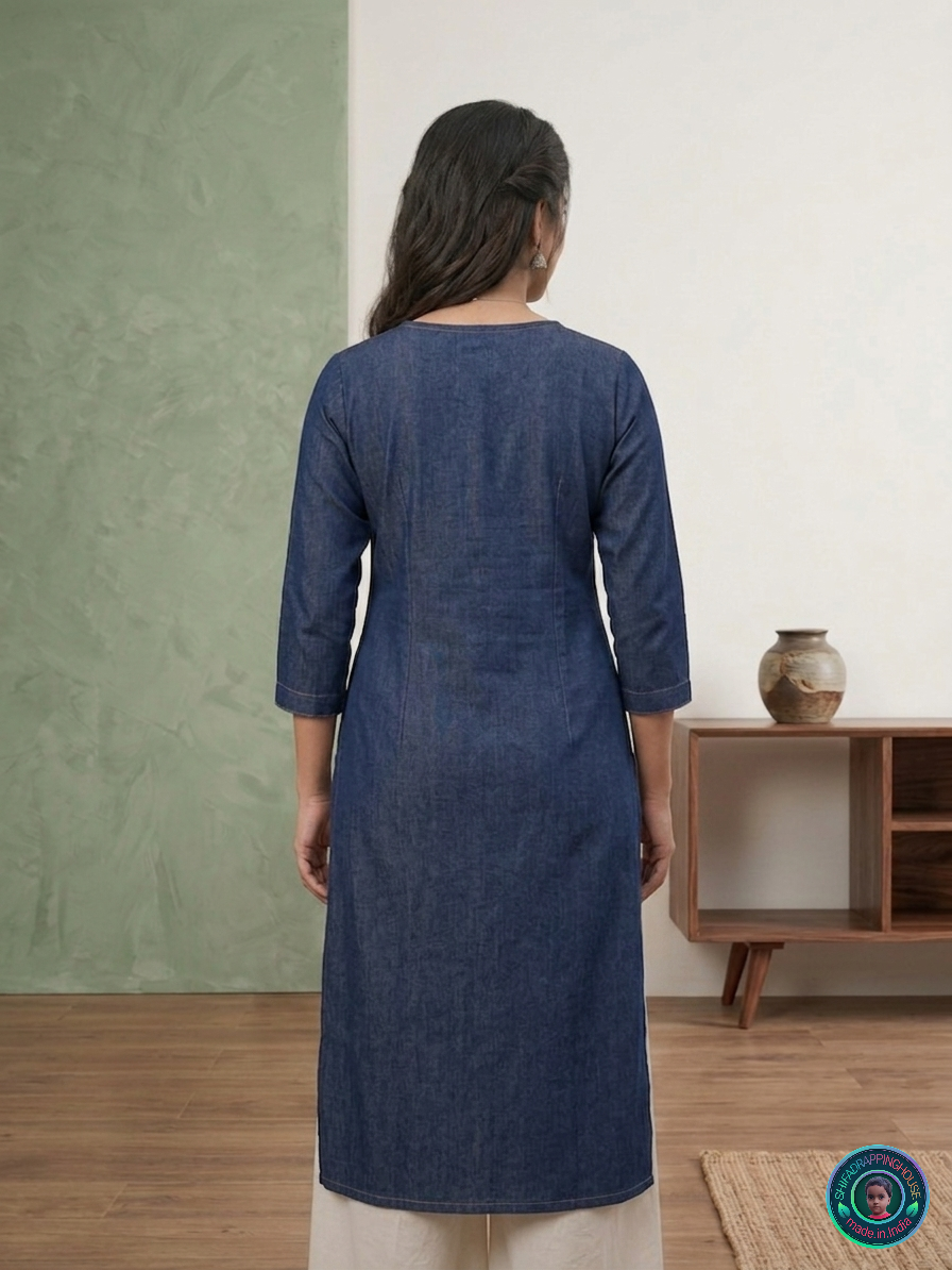 💎 Elite Navy Denim Zig-Zag Kurta | Handcrafted Tri-Color Anchoring & Wooden Detail Edition