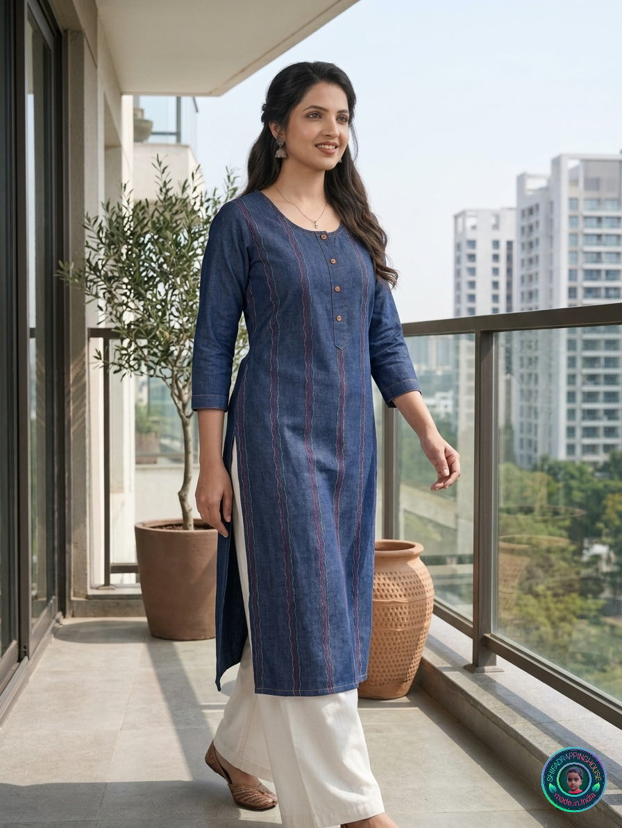 💎 Elite Navy Denim Zig-Zag Kurta | Handcrafted Tri-Color Anchoring & Wooden Detail Edition