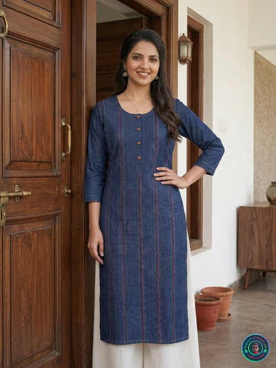 💎 Elite Navy Denim Zig-Zag Kurta | Handcrafted Tri-Color Anchoring & Wooden Detail Edition