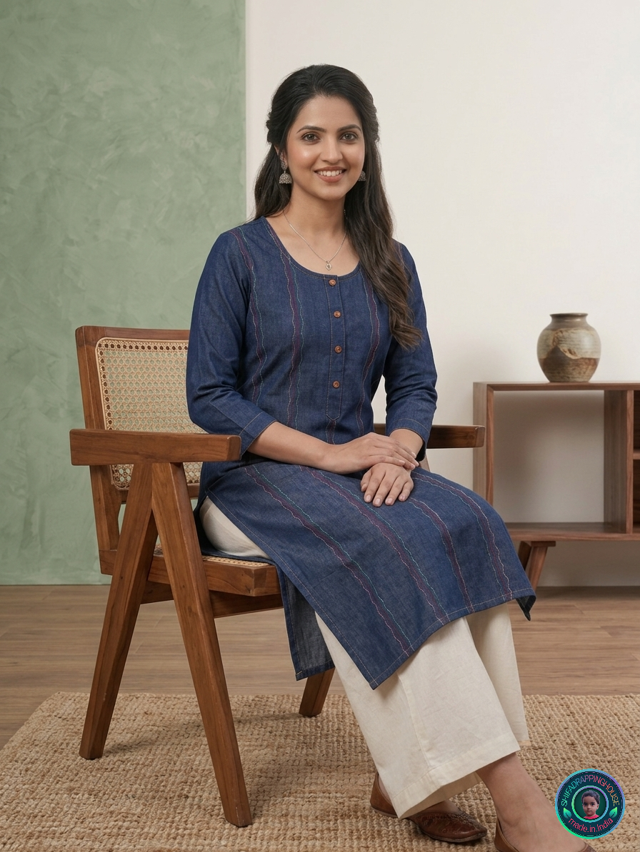 💎 Elite Navy Denim Zig-Zag Kurta | Handcrafted Tri-Color Anchoring & Wooden Detail Edition